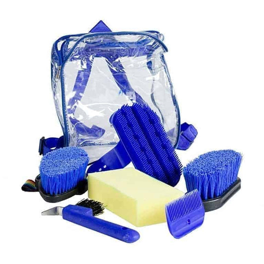 A set of horse grooming tools including brushes, a hoof pick, a mane comb, and a sponge, all in blue, black, and beige colors, displayed alongside a clear carrying bag.
Horze. Available at Nice Equestrian. Doha. Qatar.