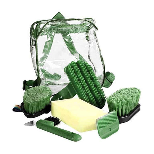 A set of horse grooming tools including brushes, a hoof pick, a mane comb, and a sponge, all in Green, blue, black, and beige colors, displayed alongside a clear carrying bag.
Horze. Available at Nice Equestrian. Doha. Qatar. 