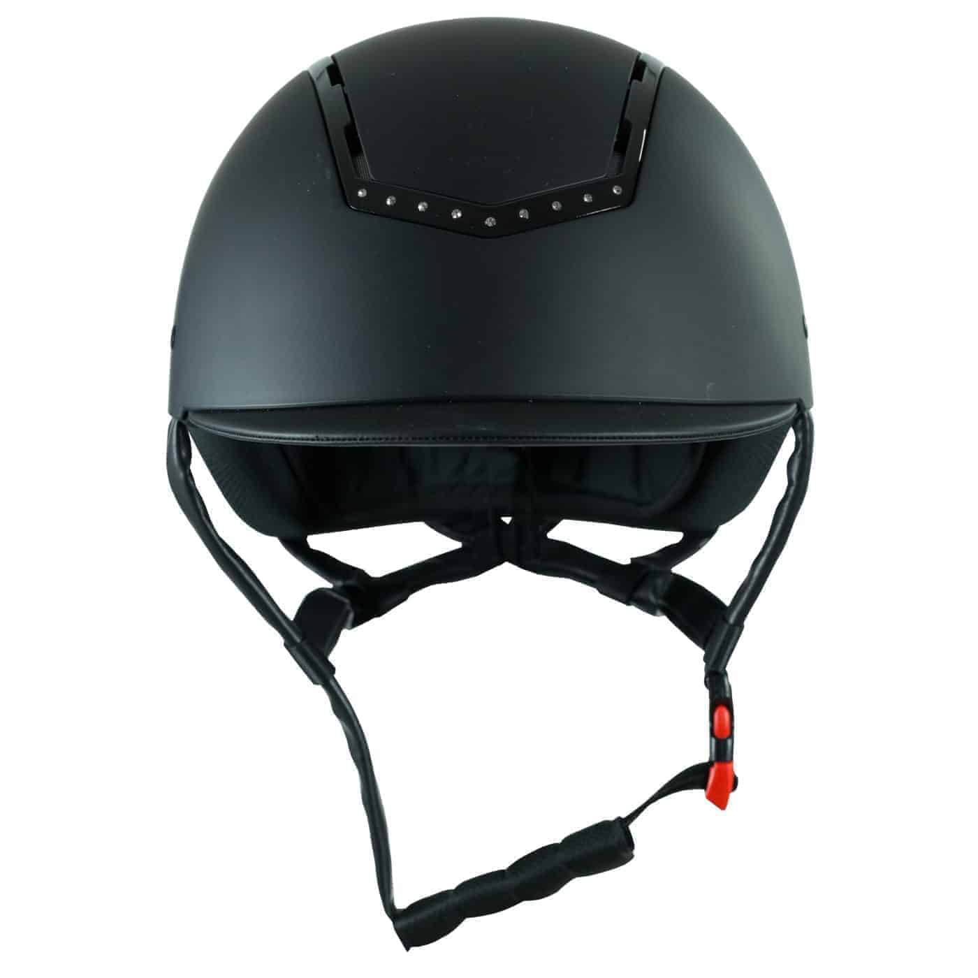 A black equestrian helmet with a minimalistic design, featuring a chin strap, ventilation slots, and an adjustable fit.
Horze. Knight Rider. Available at Nice Equestrian Wukair Doha Qatar.