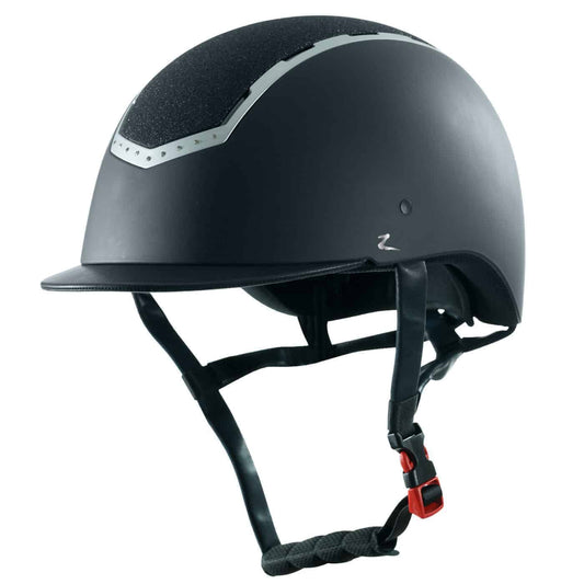 A black equestrian helmet with a minimalistic design, featuring a chin strap, ventilation slots, and an adjustable fit.
Horze. Knight Rider. Available at Nice Equestrian Wukair Doha Qatar