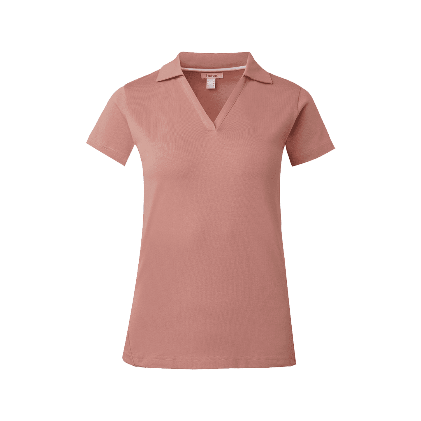 A pink polo shirt with a collar and short sleeves, featuring a horse back print and small Horze logo at the seam and sleeve.
Horze. T-Shirt.
Available at Nice Equestrian Wukair Doha Qatar