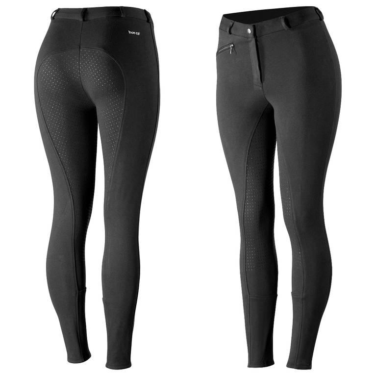 A pair of women's riding breeches with silicone grip print on the seat area, featuring a front zipper pocket, and elastic leg bottoms.
Horze. Breeches.
Available at Nice Equestrian Wukair Doha Qatar.
