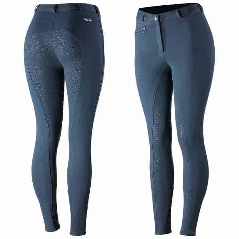 A pair of women's riding breeches with silicone grip print on the seat area, featuring a front zipper pocket, and elastic leg bottoms.
Horze. Breeches.
Available at Nice Equestrian Wukair Doha Qatar.