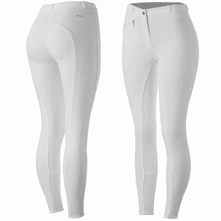 A pair of women's riding breeches with silicone grip print on the seat area, featuring a front zipper pocket, and elastic leg bottoms.
Horze. Breeches.
Available at Nice Equestrian Wukair Doha Qatar.