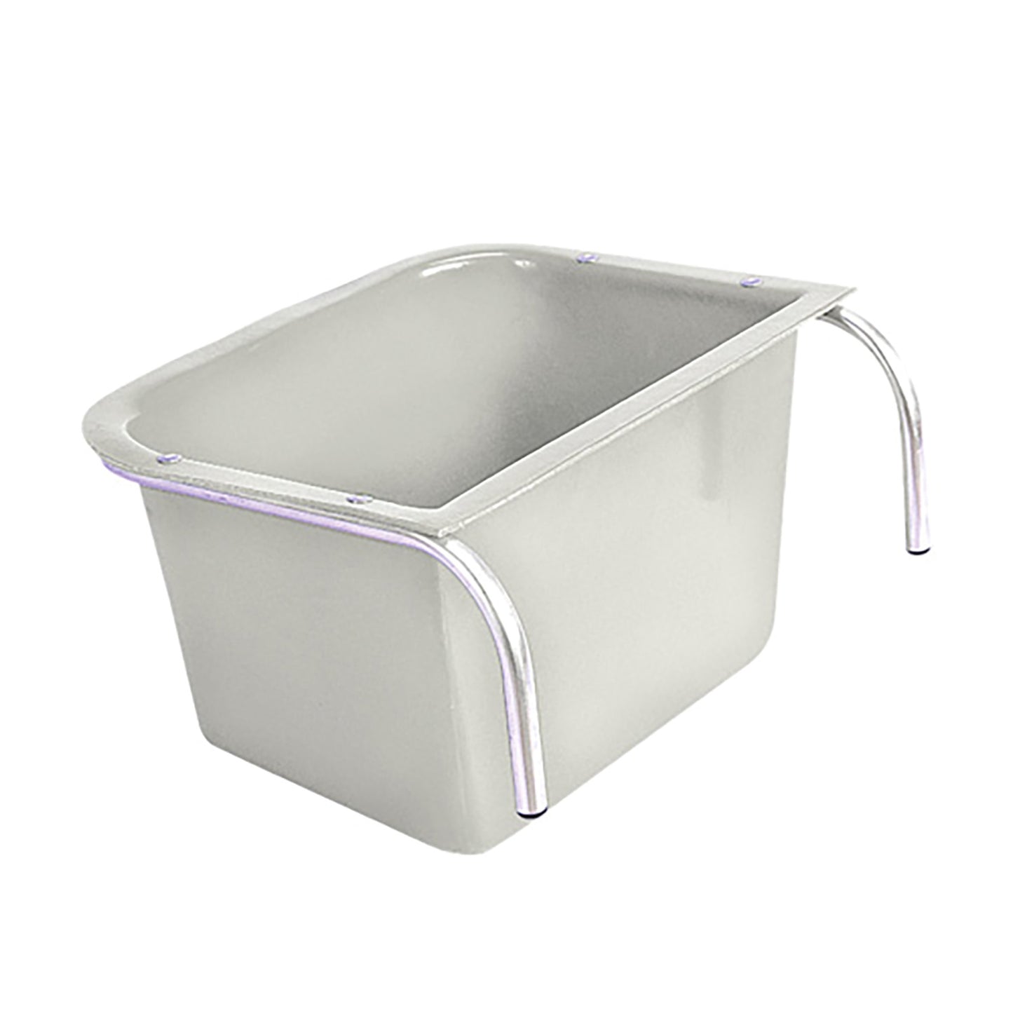 A white portable manger made of metal with a plastic liner, featuring a handle on the side for equestrian stables. Manufactured by Stubbs Abbey England. Available at ice Equestrian Wukair Doha Qatar.