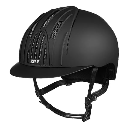 A KEP Italian black equestrian helmet with chrome grid detailing and a visor. KEP Italy helmets available with Nice Equestrian Wukair Doha Qatar. One of the top ranked helmets in the world.