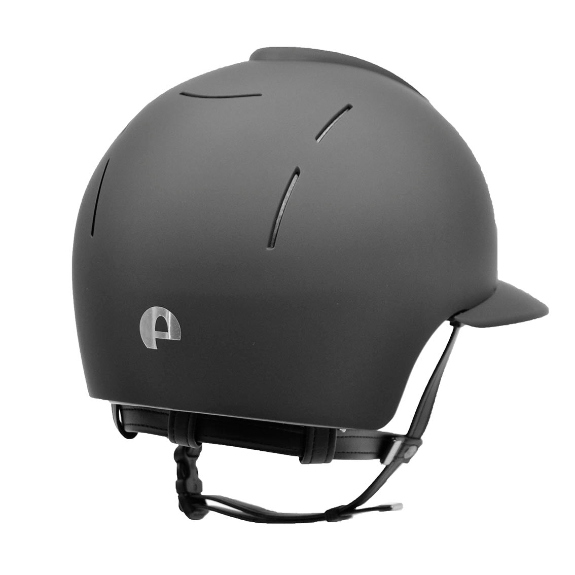 A KEP Italian black equestrian helmet with chrome grid detailing and a visor. KEP Italy helmets available with Nice Equestrian Wukair Doha Qatar. One of the top ranked helmets in the world