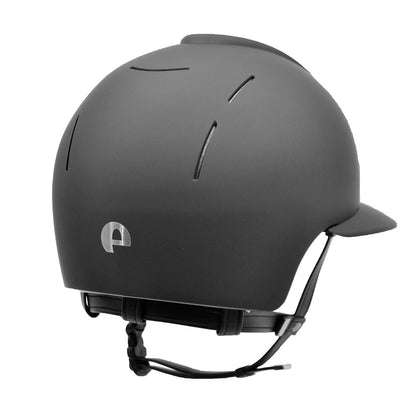 A KEP Italian black equestrian helmet with chrome grid detailing and a visor. KEP Italy helmets available with Nice Equestrian Wukair Doha Qatar. One of the top ranked helmets in the world