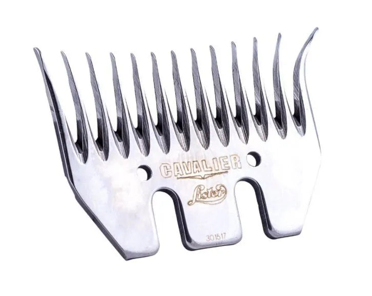 A metal Lister Cavalier comb with multiple prongs and the brand name engraved on the handle.
Made in UK. Available with Nice Equestrian Wukair Doha Qatar.