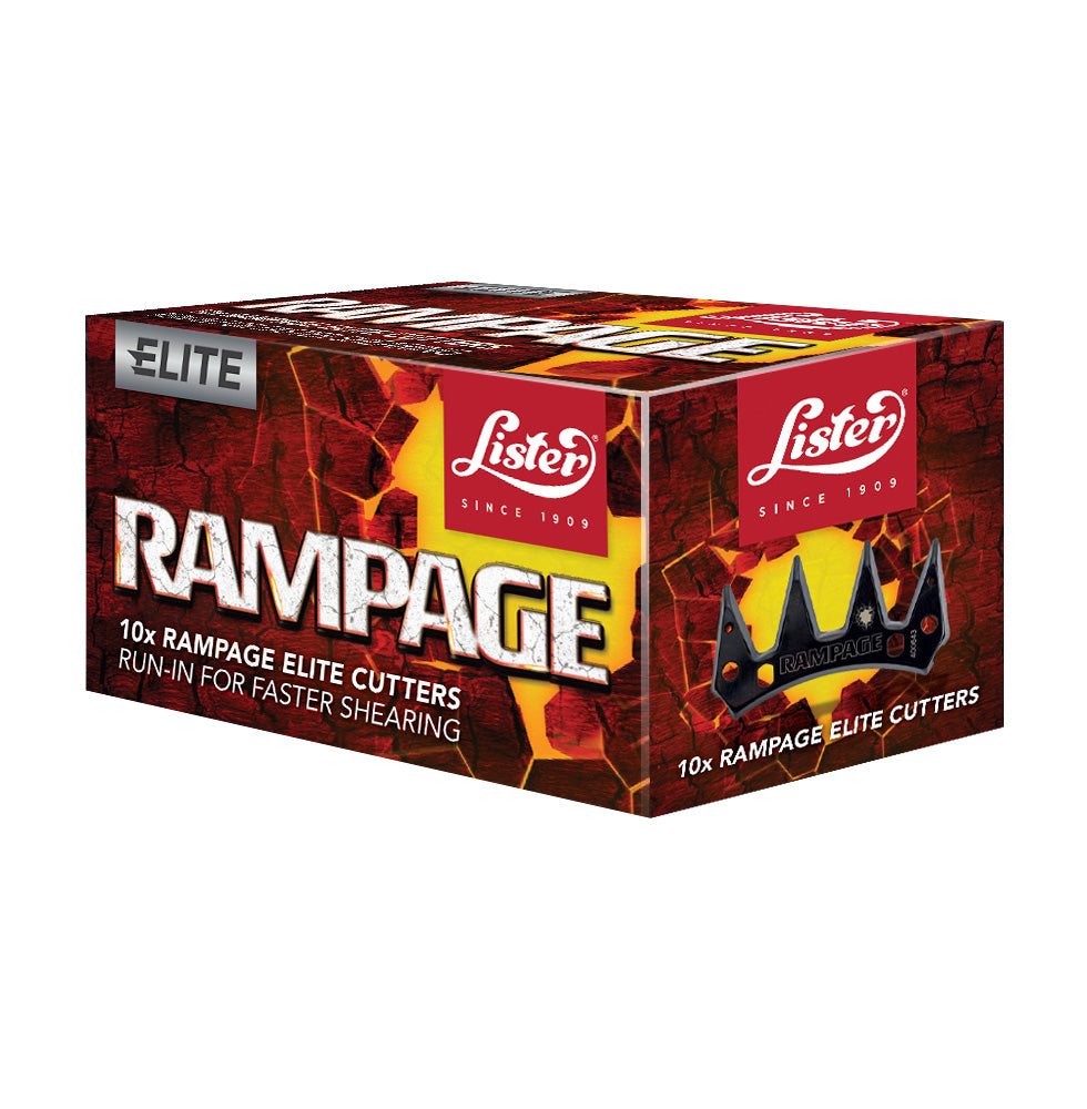 A box of Lister Rampage tire cutters, featuring 10 run-flat tire cutters for fast sharpening. The packaging is predominantly red with the Lister logo and images of the cutters on the front.

Made in UK. Available with Nice Equestrian Wukair Doha Qatar.