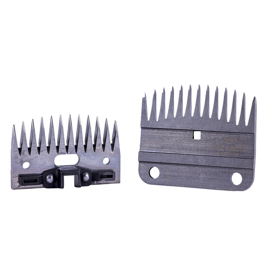 Two Lister Wizard 13T wool blades with spiked ends and a flat base for cutting.

Made in UK. Available with Nice Equestrian Wukair Doha Qatar.