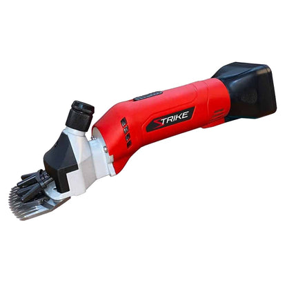 A red and black Strike cordless clipping machine with a metal blade for cutting wires or nails. 
Long Horn. Model Strike. Made in UK. Available with Nice Equestrian Wukair Doha Qatar.