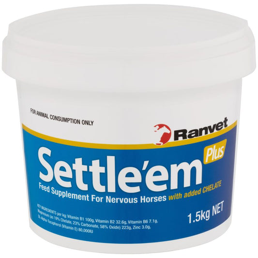 A container of Ranvet Settle 'em Plus, a feed supplement for nervous horses with added chelatization, in a 1.5kg size. Available with Nice Equestrian Wukair Doha Qatar. Ranvet Supplements for horses and camels.