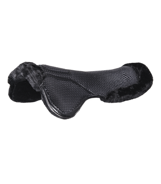 A black gel saddle pad with synthetic fur on the underside, designed for use with a horse saddle.