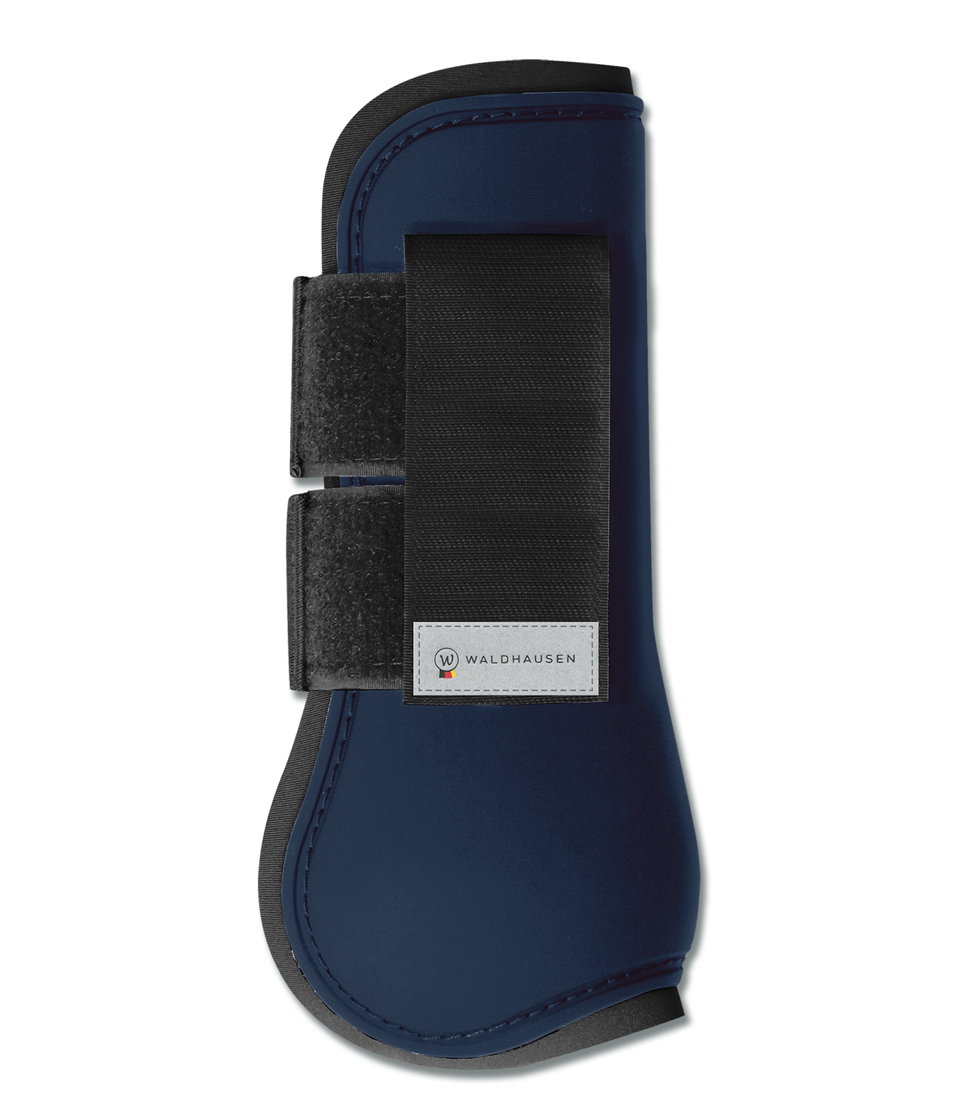A blue horse tendon boot with black straps and a hard-shell exterior, designed for leg protection