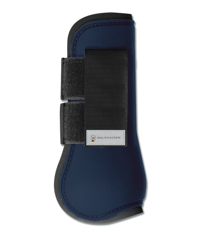 A blue horse tendon boot with black straps and a hard-shell exterior, designed for leg protection