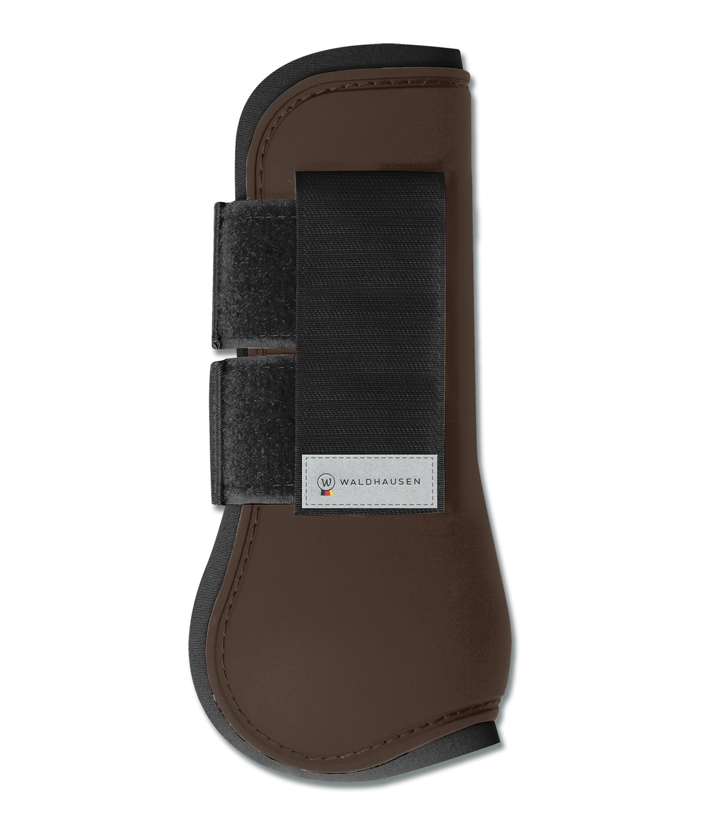 A brown horse tendon boot with black straps and a hard-shell exterior, designed for leg protection