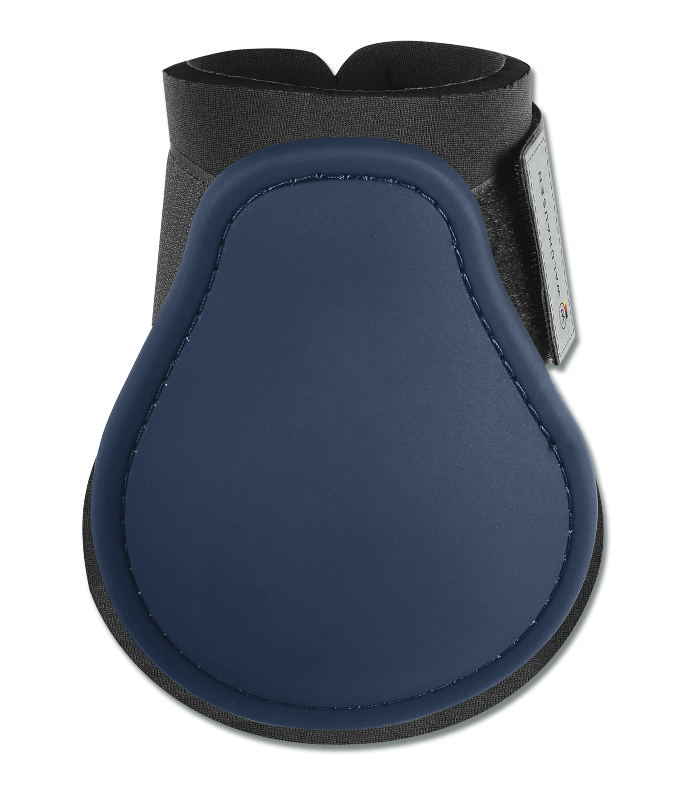 A black horse fetlock boot with a wide elastic strap for ensuring a perfect fit.