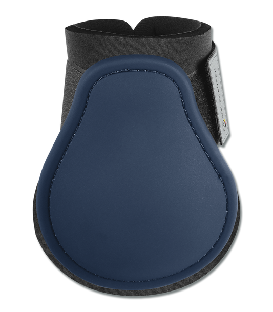 A black horse fetlock boot with a wide elastic strap for ensuring a perfect fit.