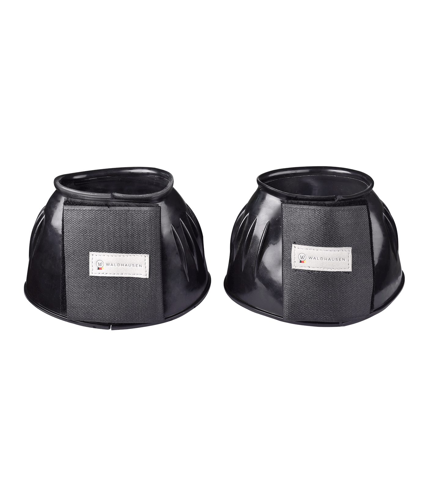 A pair of black rubber overreach boots for horses with double touch tape fastening, branded with 'Bell'.