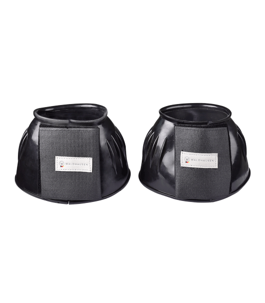A pair of black rubber overreach boots for horses with double touch tape fastening, branded with 'Bell'.