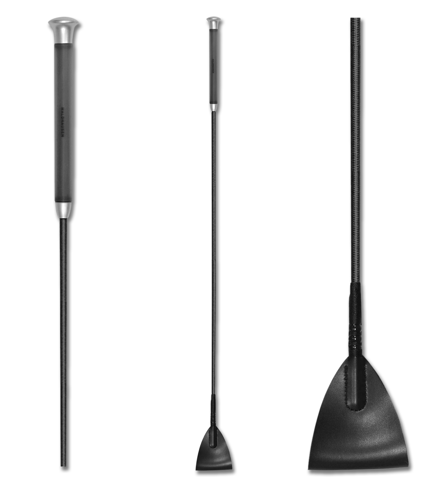 A black jumping whip with a gel grip handle, displayed in three different angles showing the handle, the shaft, and the end with a small attachment.