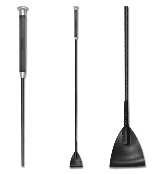 A black jumping whip with a gel grip handle, displayed in three different angles showing the handle, the shaft, and the end with a small attachment.