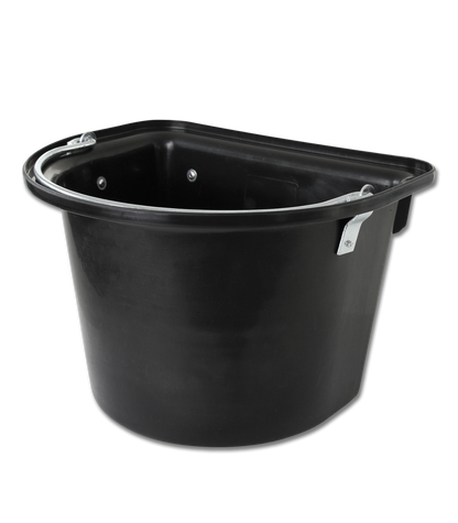 A black plastic feed bin with a hanger and handle, designed for use in equestrian settings.