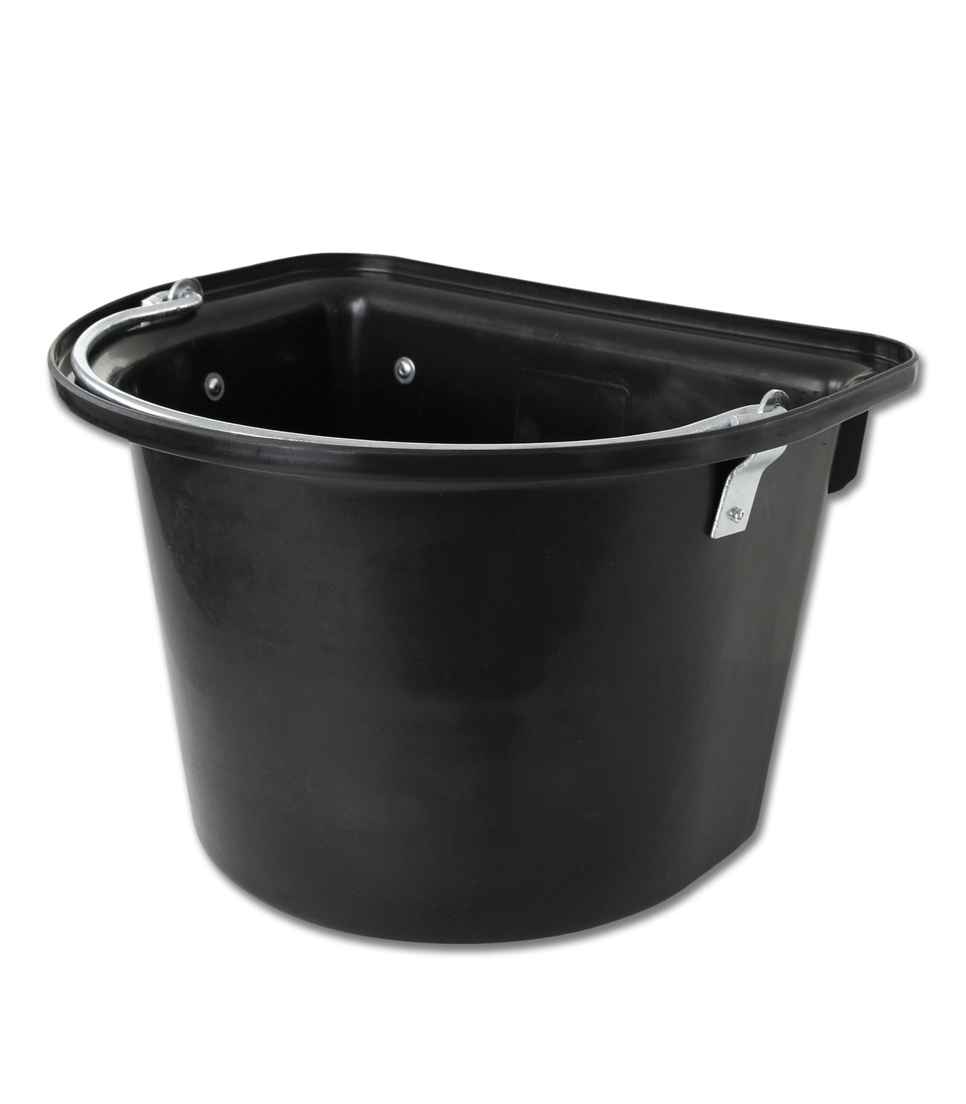 A black plastic feed bin with a hanger and handle, designed for use in equestrian settings.