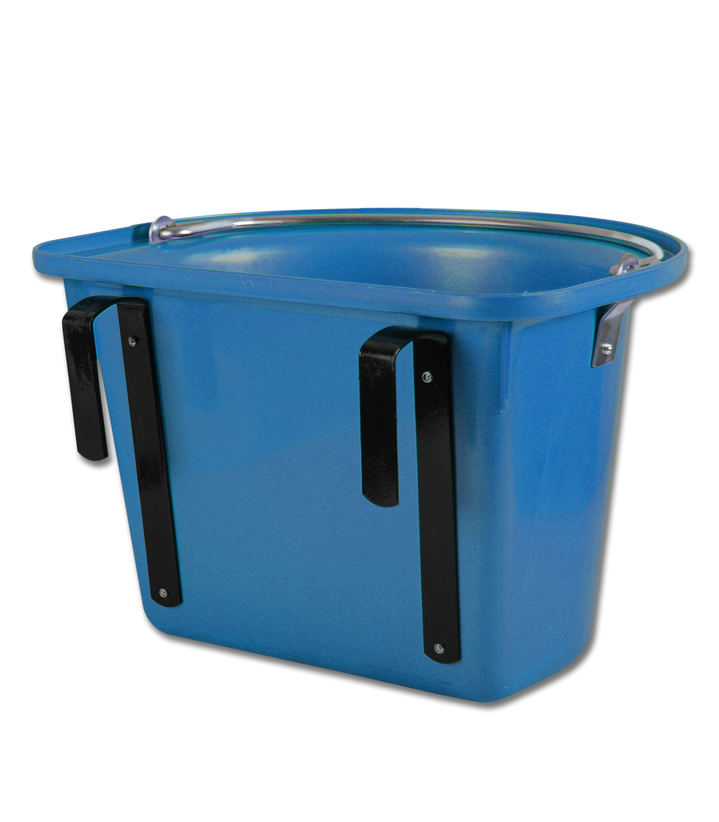 A blue plastic feed bin with a hanger and handle, designed for use in equestrian settings.