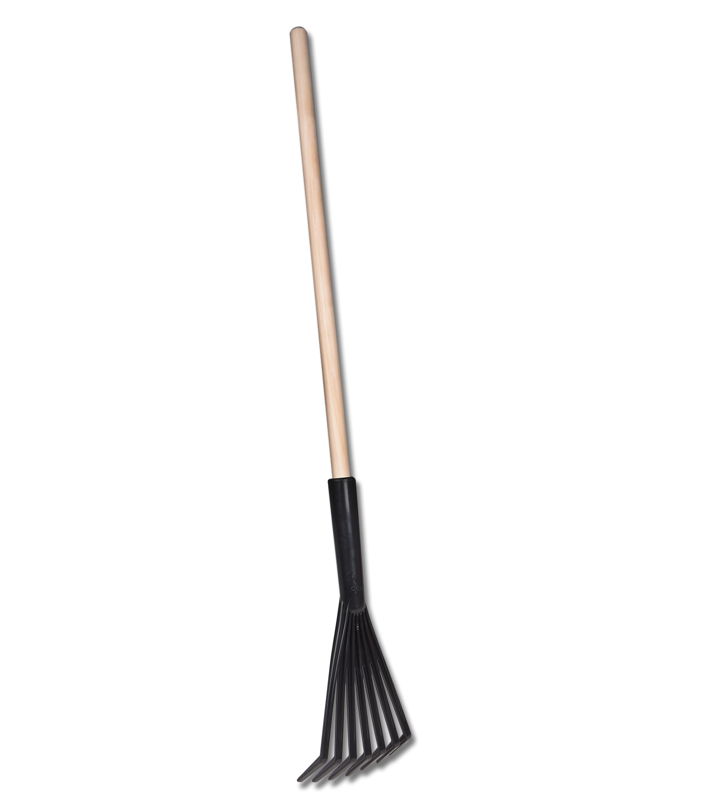 A black plastic rake with metal tines and a wooden handle, designed for cleaning and removing manure in riding arenas and paddocks.