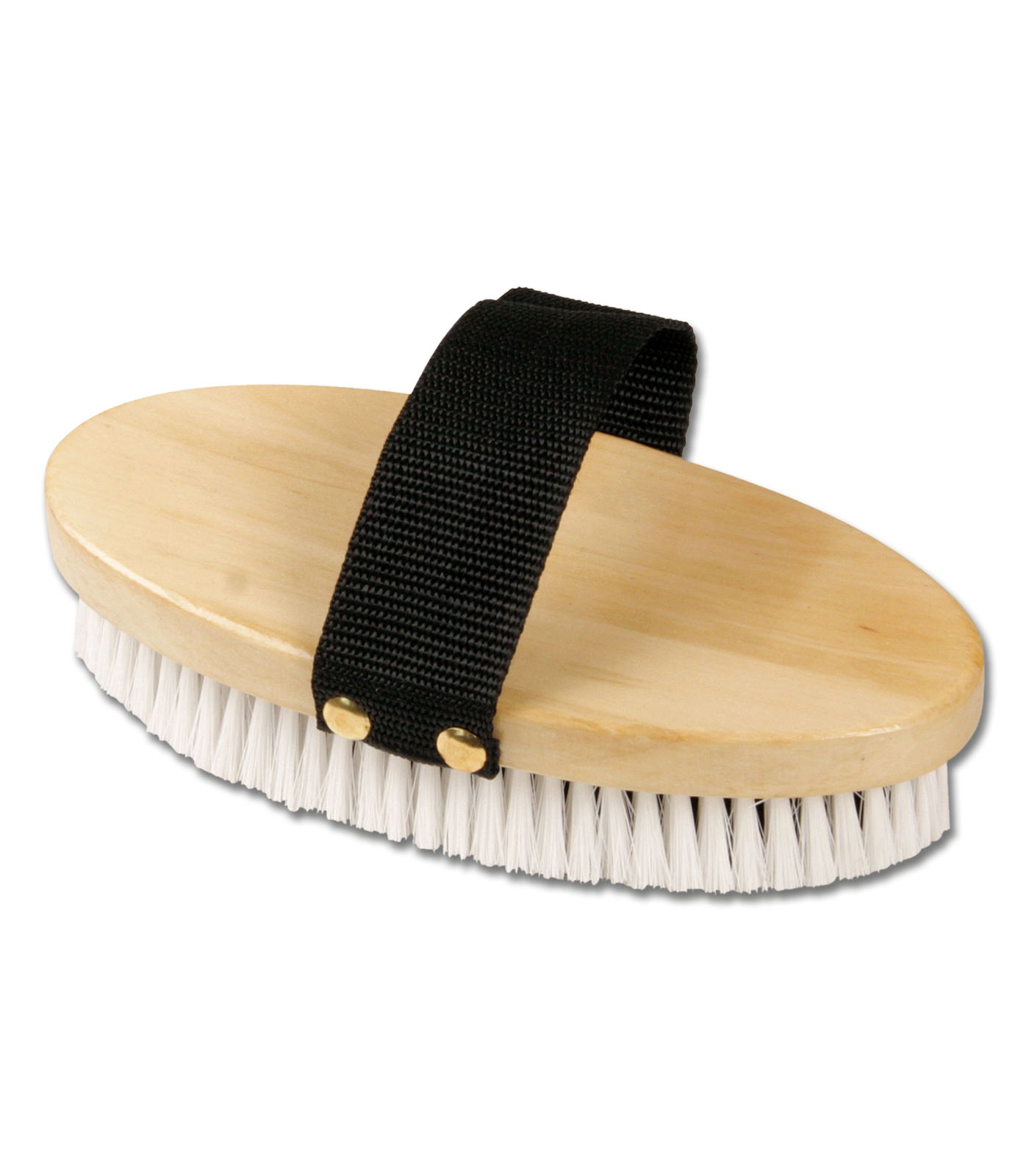 A round body brush with black and white synthetic bristles, mounted on a wooden base with a black strap.