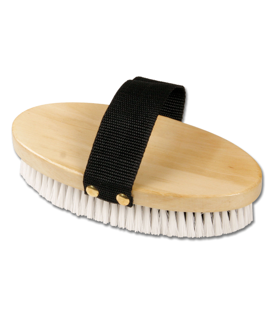 A round body brush with black and white synthetic bristles, mounted on a wooden base with a black strap.