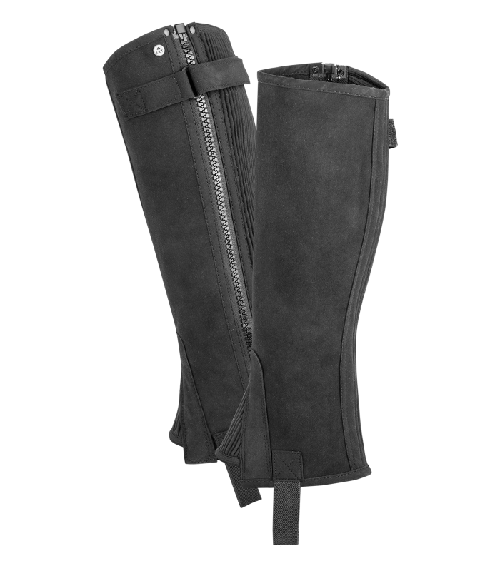 A black elastic mini chap with shoe inserts and a zip fastener at the bottom, designed to be worn with riding boots.
