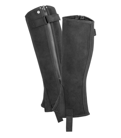 A black elastic mini chap with shoe inserts and a zip fastener at the bottom, designed to be worn with riding boots.
