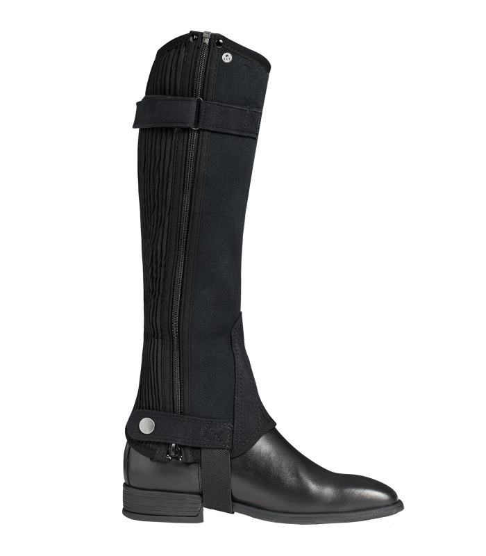 A black elastic mini chap with shoe inserts and a zip fastener at the bottom, designed to be worn with riding boots.