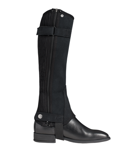 A black elastic mini chap with shoe inserts and a zip fastener at the bottom, designed to be worn with riding boots.