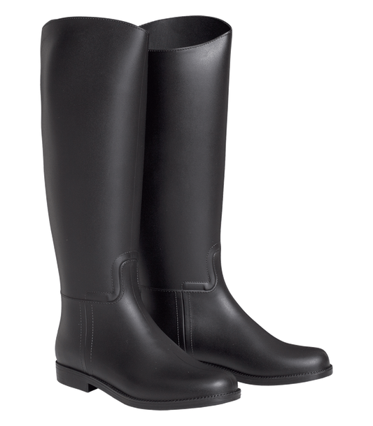 A pair of black riding boots for ladies with a low heel, featuring a non-slip sole and a spur rest.