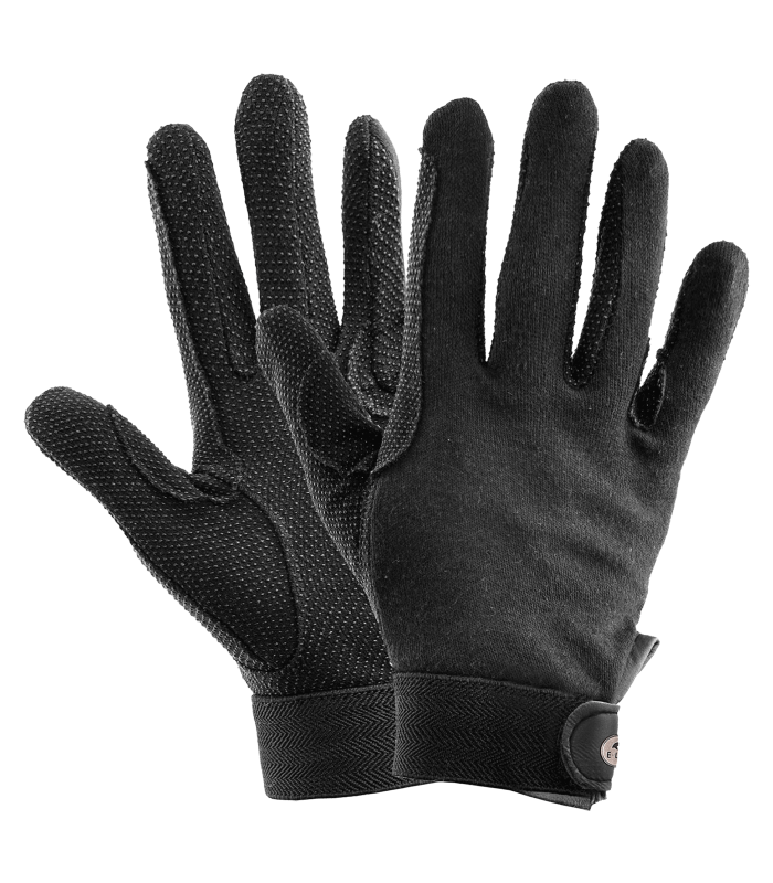 A pair of black riding gloves with touch tape fastener and silicone print on the palm.