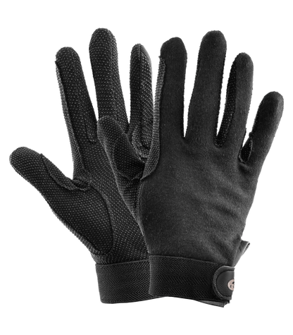 A pair of black riding gloves with touch tape fastener and silicone print on the palm.