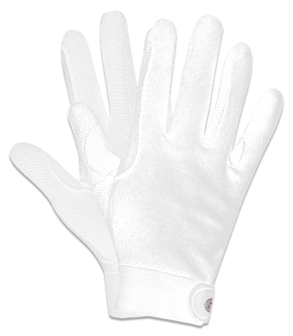 A pair of white riding gloves with touch tape fastener and silicone print on the palm.