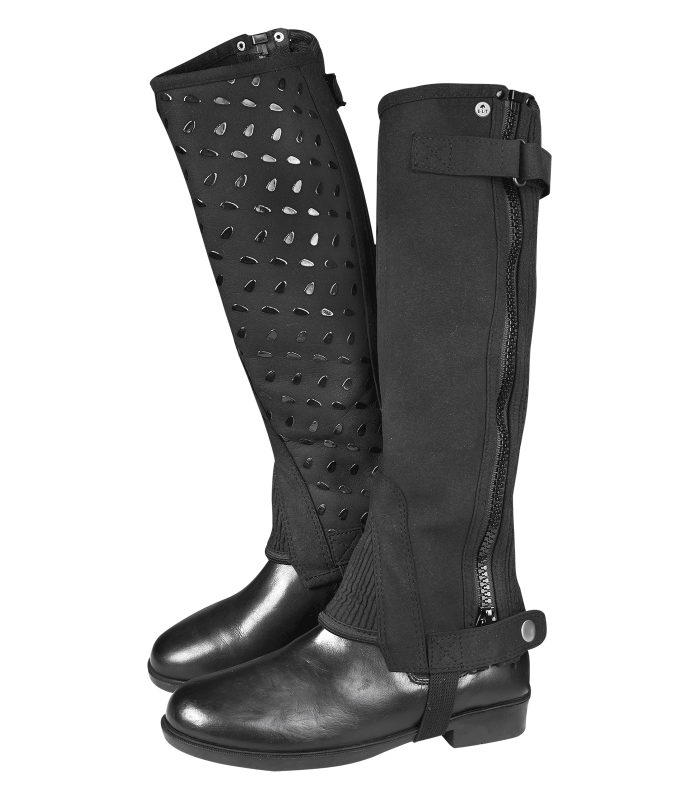 A pair of black riding boots with elastic chaps and silicone grip, featuring a zip fastener and press stud at the bottom.