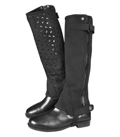 A pair of black riding boots with elastic chaps and silicone grip, featuring a zip fastener and press stud at the bottom.