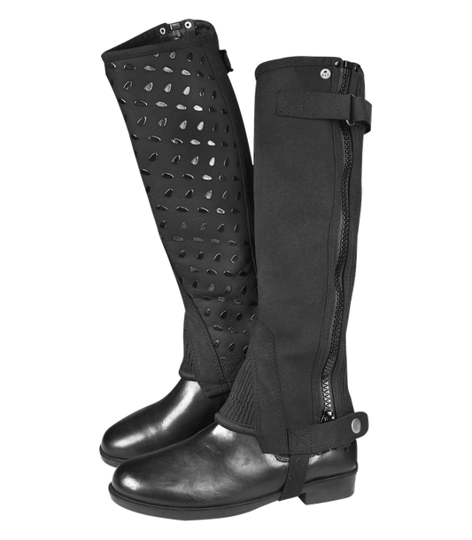 A pair of black riding boots with elastic chaps and silicone grip, featuring a zip fastener and press stud at the bottom.