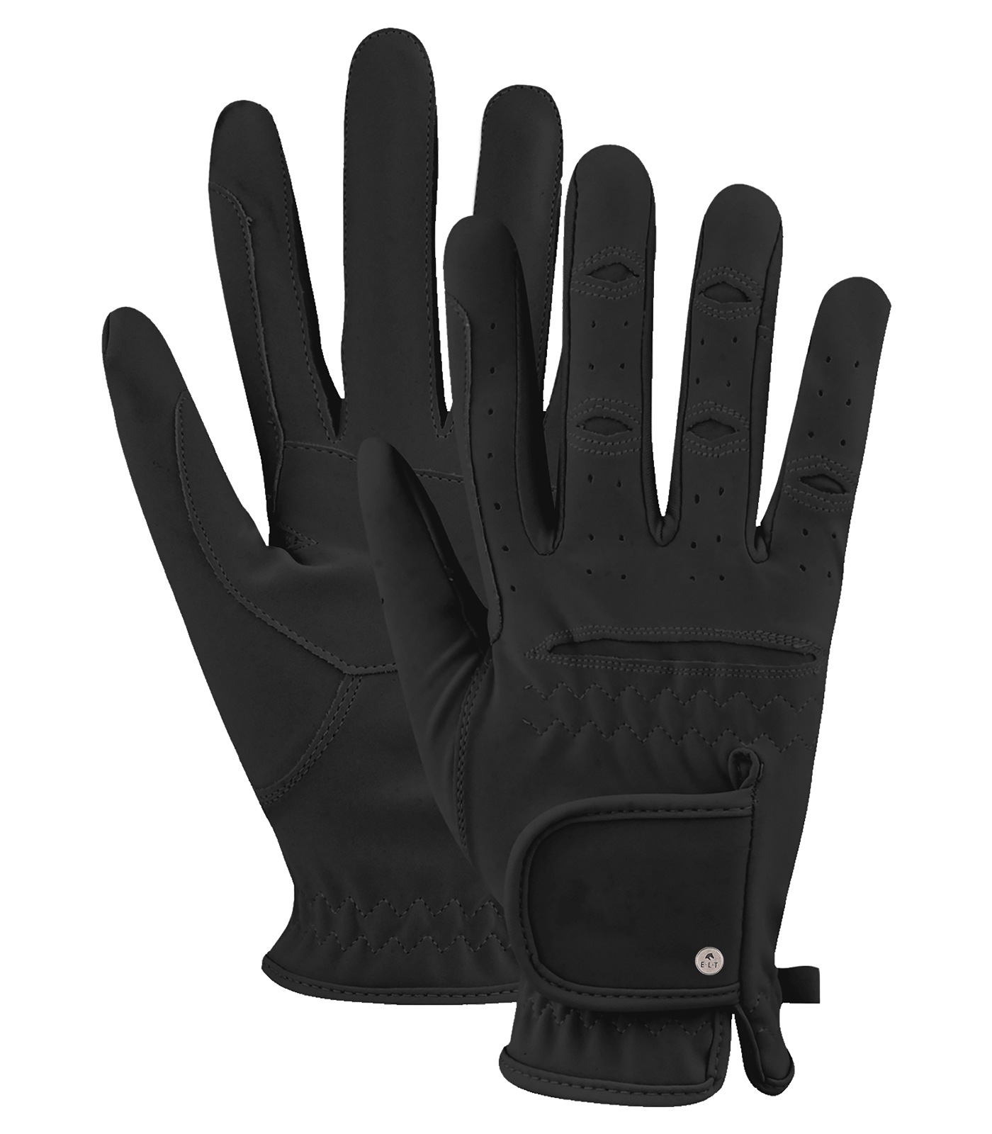 A pair of black riding gloves with a suede finish, featuring a back of hand strap with touch tape fastener.