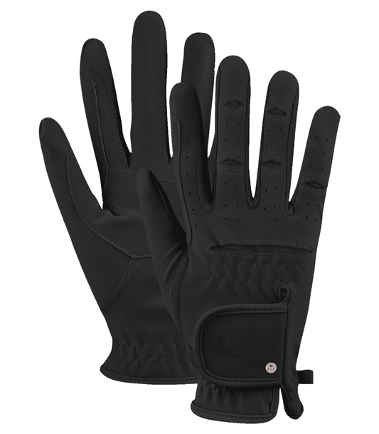 A pair of black riding gloves with a suede finish, featuring a back of hand strap with touch tape fastener.