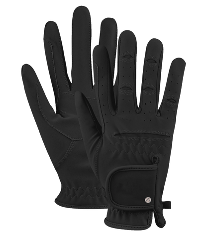 A pair of black riding gloves with a suede finish, featuring a back of hand strap with touch tape fastener.