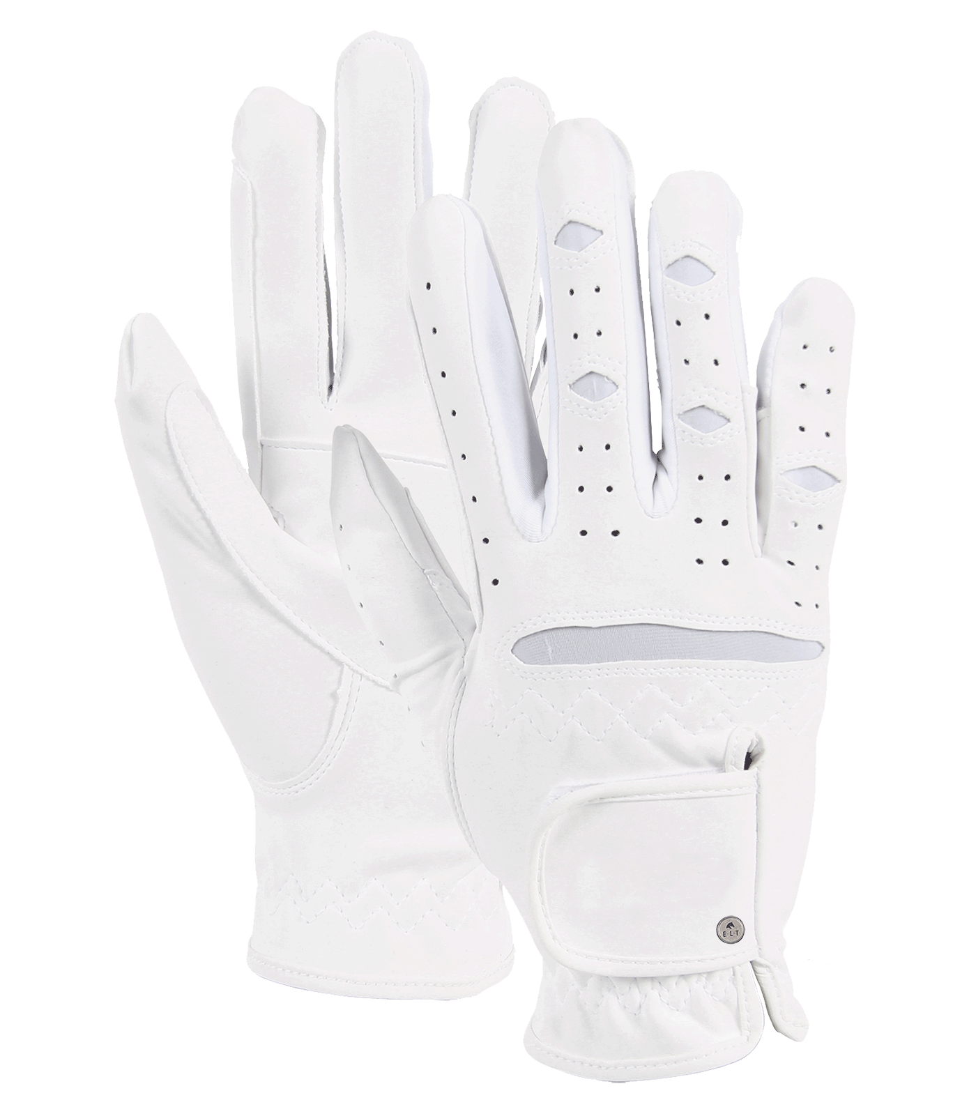 A pair of white riding gloves with a suede finish, featuring a back of hand strap with touch tape fastener.