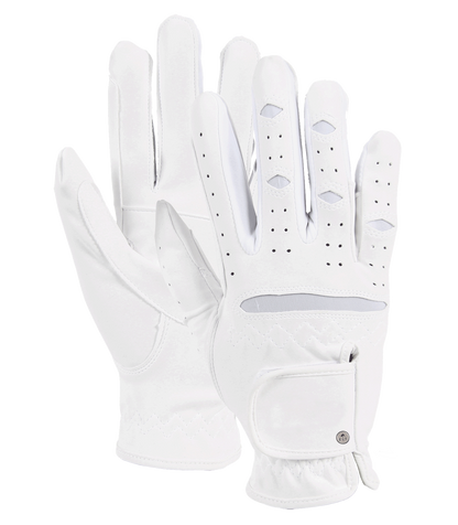 A pair of white riding gloves with a suede finish, featuring a back of hand strap with touch tape fastener.