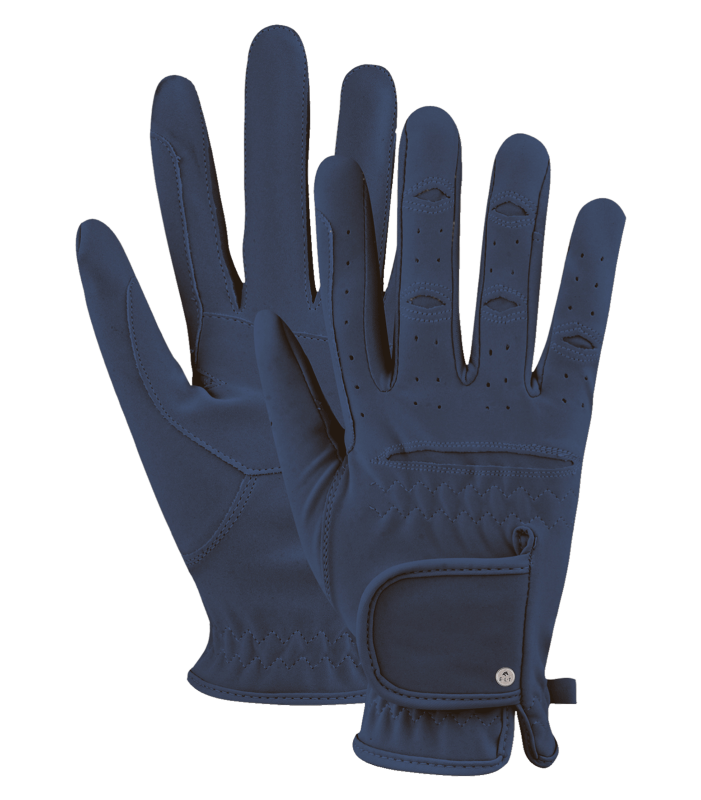 A pair of blue riding gloves with a suede finish, featuring a back of hand strap with touch tape fastener.